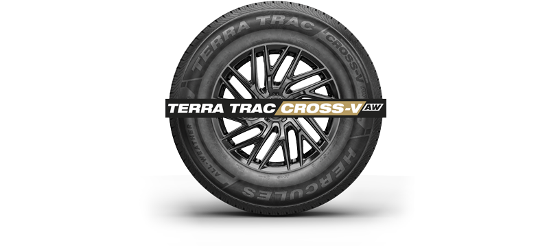 View of Hercules Tire Terra Trac Cross-V AW tire in sidewall view with banner